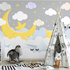 Mural de pared con dibujos animados de buenas noches, luna, nubes, cielo estrellado, fondo nublado para habitación de niños