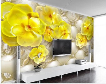 Luxurious 3D Yellow Flowers Jewelry Wallpaper Luxury Yellow - Etsy