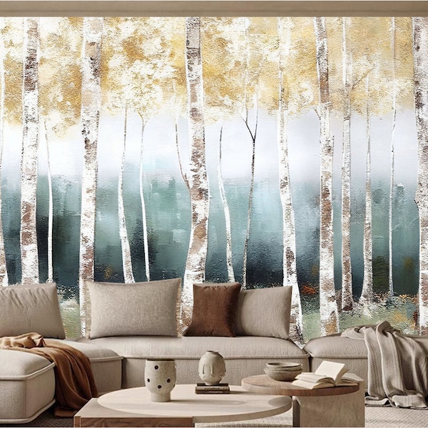 Oil Painting Abstract Birch Trees Wallpaper Wall Mural, Birches Trees Forest Landscape Wall Mural