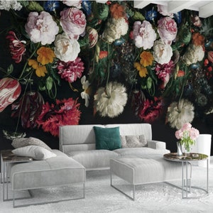 Dark Color Vintage Floral Wallpaper Wall Murals, Oil Painting Victorian Flowers Wall Mural, Big Flowers Wall Art Wall Decor zdjęcie 3