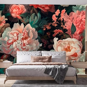 Boho roze pioen bloemen olieverfbehang - retro muurschildering