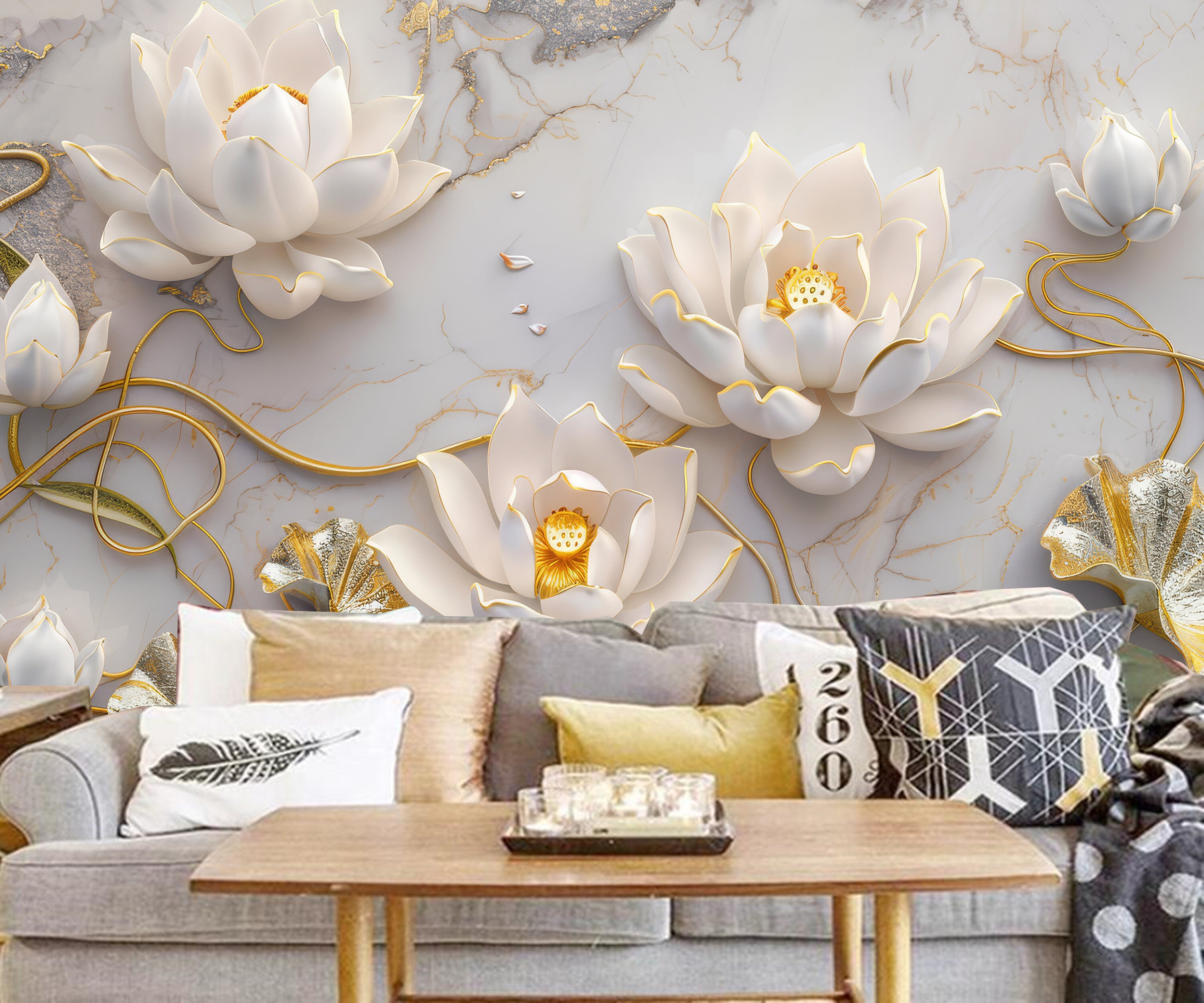 Autocollant Mural 3D Lotus – Papier Peint Amovible, Coloré, Motif Floral, N06257