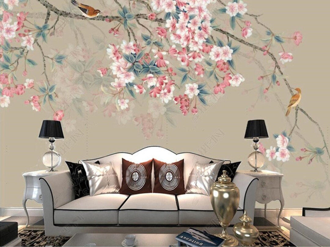 Cherry Blossom Chinoiserie Wallpaper Mural: Birds & Flowers Wall Decor ...