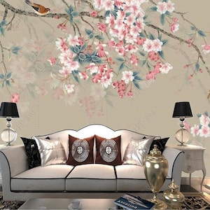 Cherry Blossom Chinoiserie Wallpaper Mural: Birds & Flowers Wall Decor
