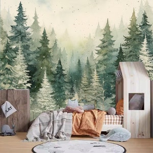 Watercolor Abstract Fir Trees Forest Nursery Wallpaper, Fir Trees Forest Kids&#39; Room Wall Mural