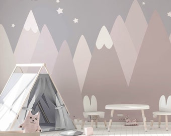 Hand Painted Dusty Pink Geometric Mountain Wallpaper Wall Mural, Grey Color Tringle Geometric Mountains Nursery Kid Children Room Wall Mural