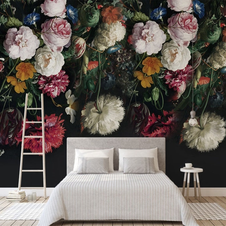 Dark Color Vintage Floral Wallpaper Wall Murals, Oil Painting Victorian Flowers Wall Mural, Big Flowers Wall Art Wall Decor zdjęcie 2