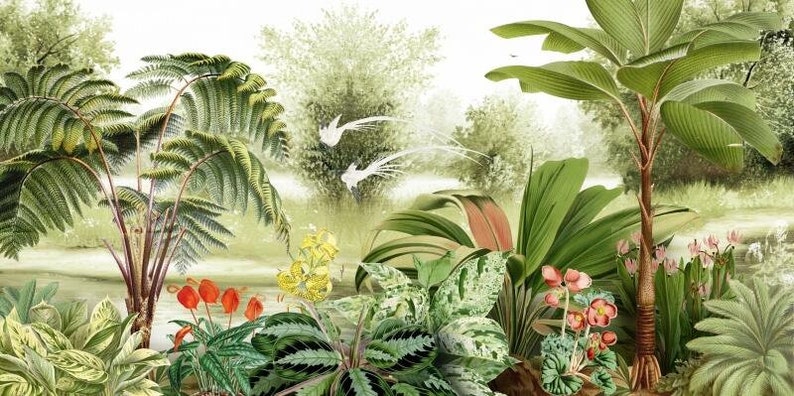 Tropical Rainforest Plants Wall Mural Wallpaper Green | Etsy