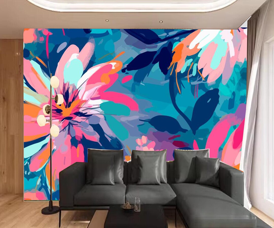 Watercolor Floral Wallpaper: Pink & Blue Abstract Flower Wall Mural - Etsy