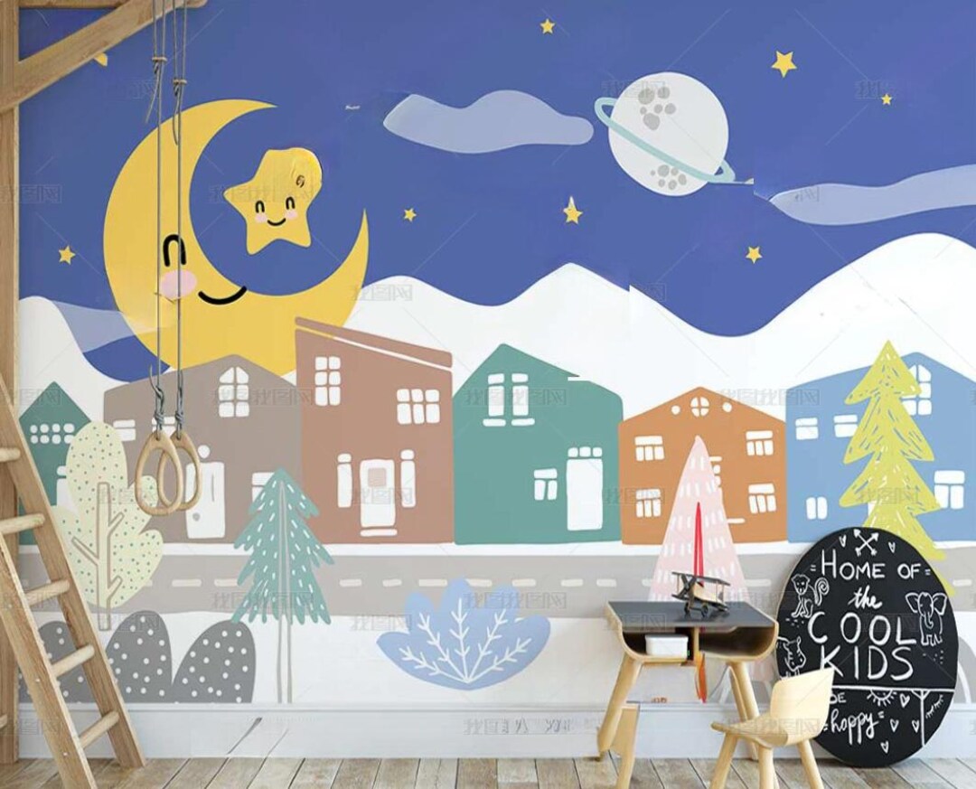 Kids Night Sky Town Wallpaper, Moon & Star Cartoon Mural for Nursery ...