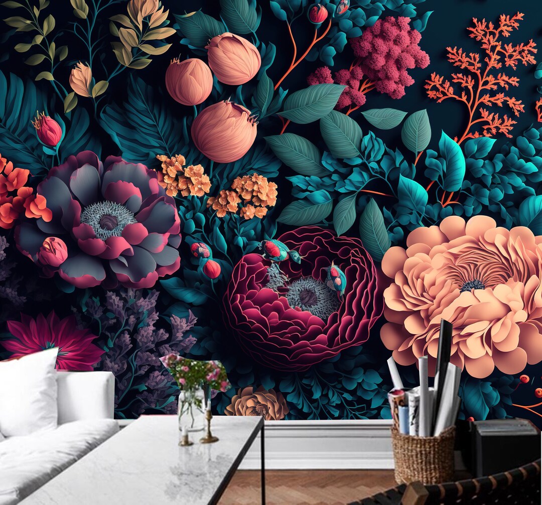 Dark Floral Wallpaper Mural: Vintage Oil Painting Style Wall Decor - Etsy