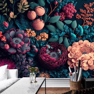 Dark Flowers Floral Wallpaper Wall Mural, Vinatge Flowers Floral Wall Mural Wall Decor