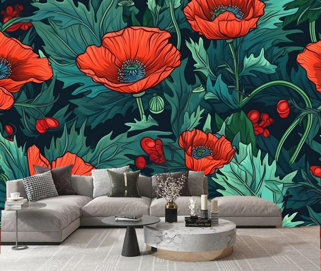 Watercolor Poppy Field Wallpaper Mural: Abstract Floral Wall Decor - Etsy