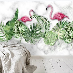 Papier peint mural marbre flamant rose : décoration murale feuilles tropicales