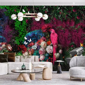 Misty Rainforest Wallpaper: Tropical Parrot & Floral Wall Mural