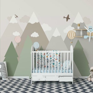 Geometric Mountains Nursery Bambini Bambini Wallpaper Wall Mural, Triangle Mountains con Nuvole Mongolfiere Per bambini Bambini Muro Murale
