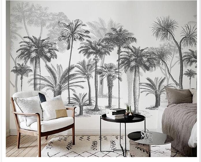 Jungle Palm Trees Scenic Wall Mural Hand Painted Retro Tropical Palm Trees Wallpaper Wall Mural Rainforest Plants Trees Wall Mural