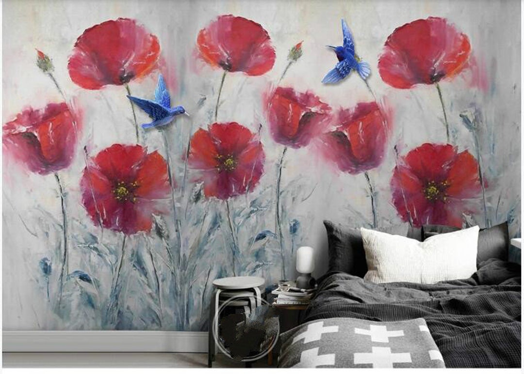 Red Poppy Flower Wallpaper Mural: Watercolor Floral With Blue Birds - Etsy