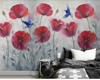 Dark Red Poppy Flower Floral Wallpaper Wall Mural, Watercolor Red Poppy Flower Flowers with Two Blue Flying Birds Wall Mural