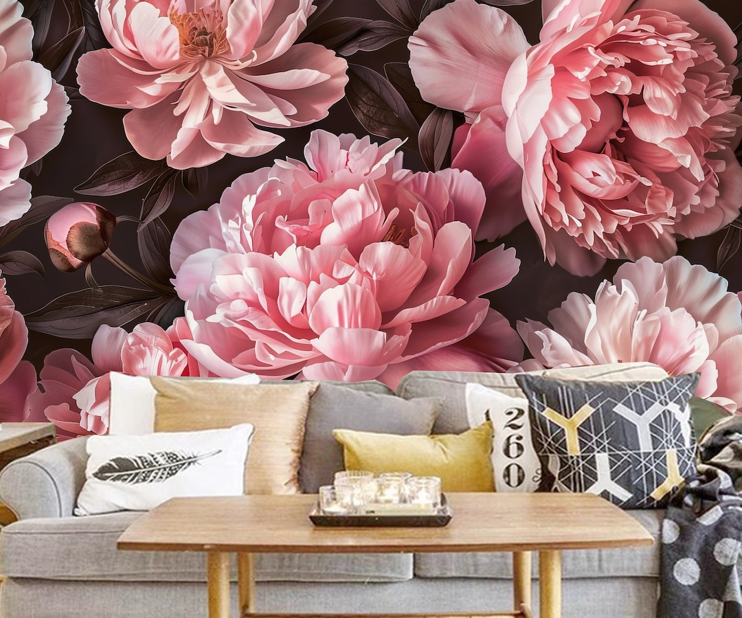 Pink Peonies Wall Mural, Peel and Stick, Romantic Beautiful Floral ...