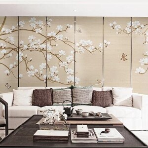 Cherry Blossoms Flowers Chinoiserie Wallpaper Wall Mural, Vintage Chinoiserie Cherry Blossom Branch with Resting Birds Floral Wall Mural