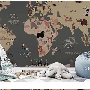 World Map Cartoon Animals Trees Kids Nursery Wallpaper Wall Mural, Hand Painted Children World Map Wall Mural,Children Room World Wall Mural
