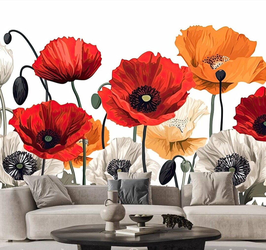 Watercolor Poppy Flowers Wallpaper Mural: Abstract Floral Wall Decor - Etsy