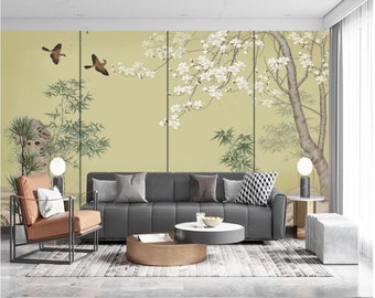 Chinoiserie Cherry Tree Bamboo Landscape Wallpaper Wall Mural Wall Decor