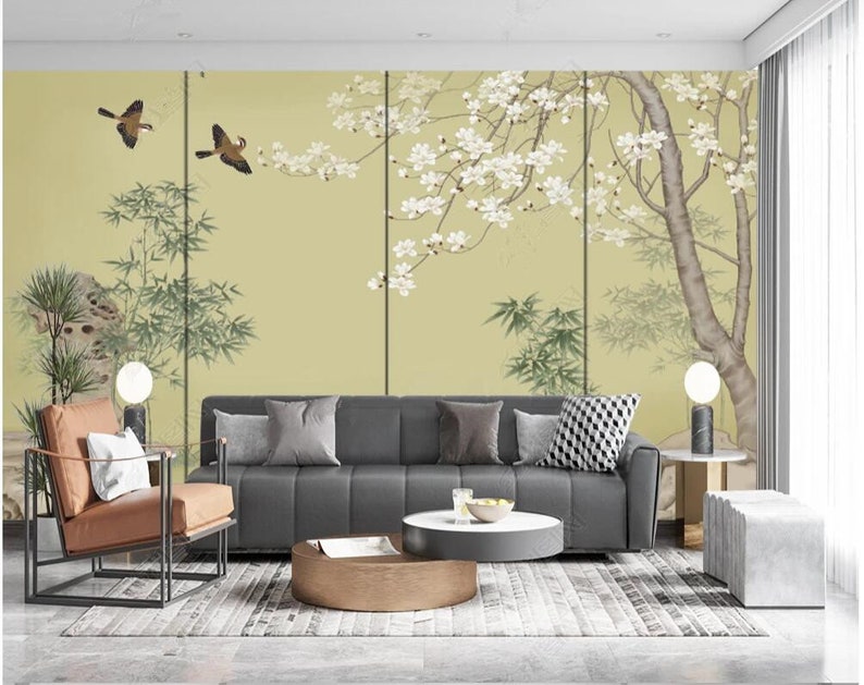 Chinoiserie Cherry Tree Bamboo Landscape Wallpaper Wall Mural Wall ...