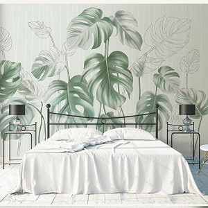 Watercolor Hand Painted Banana Leaves Wallpaper Wall Mural, Fresh Green Banana Leaf Wall Mural, Hand Painted Plants Wall Mural Home Decor