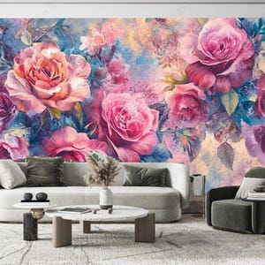 水彩画のバラの花の寝室、リビングルーム、保育園の壁紙、花柄のバラの壁画、壁の装飾