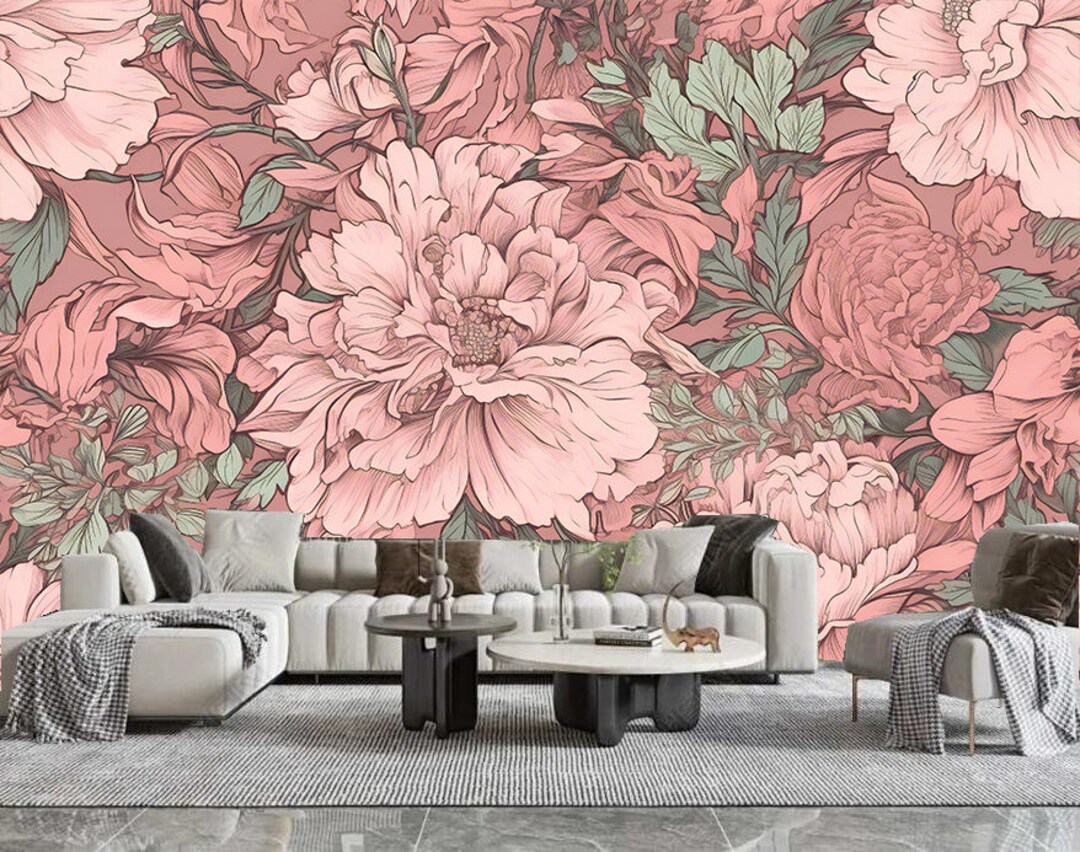 Vintage Pink Floral Wallpaper Mural: Rustic Peony & Carnation Wall Art ...