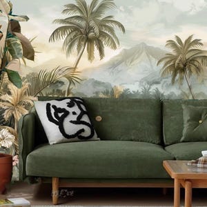 Papier peint paysage forêt tropicale, décoration murale montagnes forêt vintage, décoration murale paysage forestier, décoration d'intérieur
