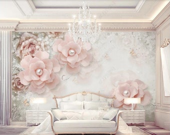 3D Pink Roses Floral Wallpaper Wall Mural, Beautiful Roses Flowers Floral Wall Mural Wall Decor