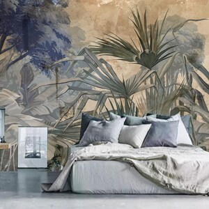 Natura su una carta da parati con texture ad acquerello, disegno artistico di foglie, alberi, piante tropicali, decorazione murale, decorazione murale retrò vintage
