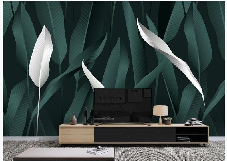 Creative Tropical Plants Leaves Leaf Wall Mural Home Decor Oil Painting Dark Green Tropical Plants with Leaves Wallpaper Wall Mural