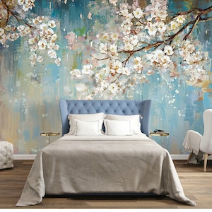 Fabulous Oil Painting Wallpaper Wall Mural, Cherry Tree Wall Art for Bedroom/Living Room Wall Murals, Blooming Floral Wallpaper Wall Mural