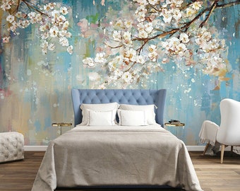 Fabulous Oil Painting Wallpaper Wall Mural, Cherry Tree Wall Art for Bedroom/Living Room Wall Murals, Blooming Floral Wallpaper Wall Mural