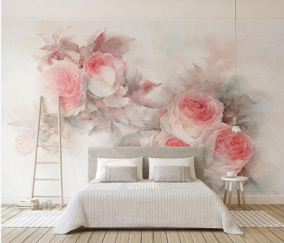 Watercolor Pink Roses Flowers Floral Wallpaper Wall Mural, Abstract ...