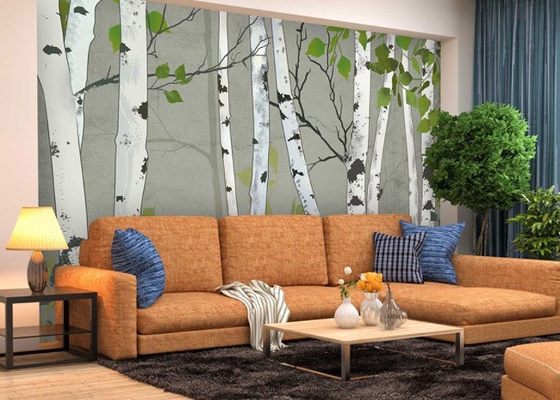 Oil Painting Abstract Birch Trees Wallpaper Wall Mural Hand Painted Design Birch Wall Mural Birch with Green Leaves Birch Wall Mural Decor