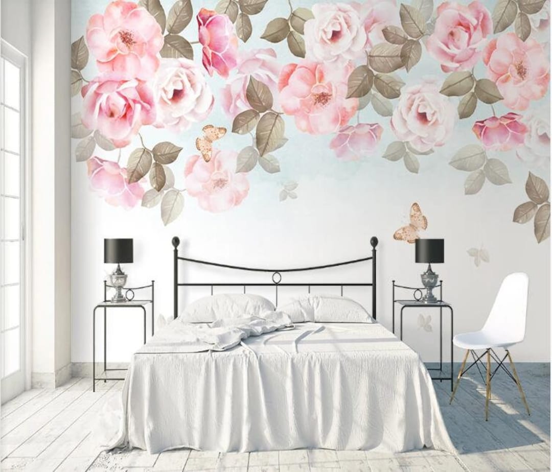 Pink Roses Floral Wallpaper Mural: Custom Wall Decor - Etsy