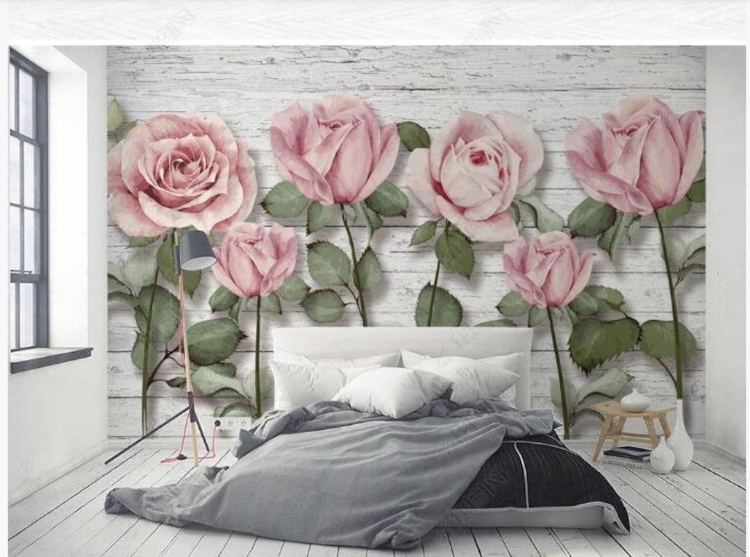 3D Pink Roses Flowers Floral Wallpaper Wall Mural Wooden - Etsy