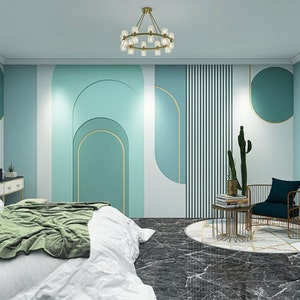 Papier peint géométrique nordique Morandi, papier peint géométrique minimaliste vert pour chambre à coucher, salon, décoration murale d'hôtel