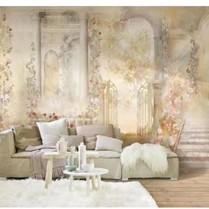 Italian Palace Garden Mural: Abstract Roman Column Floral Wallpaper