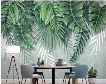 Hanging Tropical Green Banana Leaves Plant Wall Mural Wallpaper, Green Fresh Rainforest Tropical Banana Leaves Plants Wall Mural Wall Decor