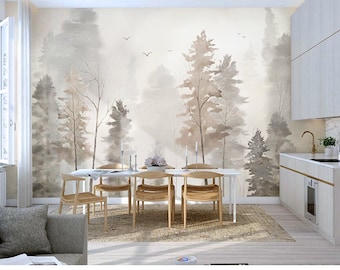 Hand Painted Forest Trees Wallpaper Mural: Winter Fog Wall Decor