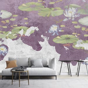 Nénuphars, pichets, fleurs peintes sur un mur en béton, papier peint incroyablement beau, décoration murale moderne, papier peint, papier peint photo