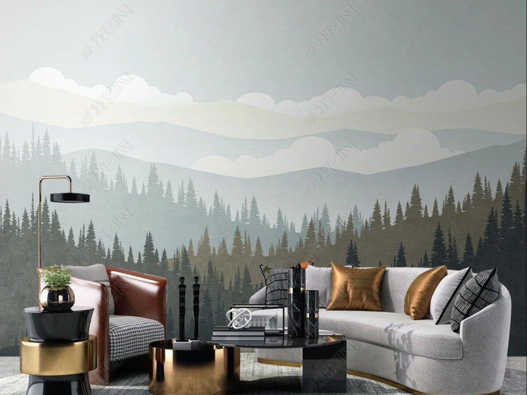 Misty Forest Wallpaper Mural: Abstract Mountain Landscape - Etsy