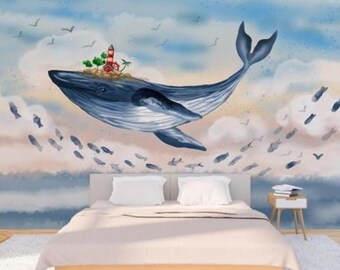 Watercolor Whale Wallpaper Mural: Ocean Nursery Wall Decor