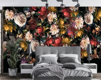 Oil Painting Abstract Flowers Floral Wallpaper Wall Mural, Dark Color American Style Flowers Floral Wall Mural Wall Decor